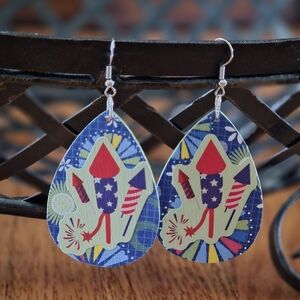 Hand Crafted Blue Patriotic Firework Teardrop Earrings